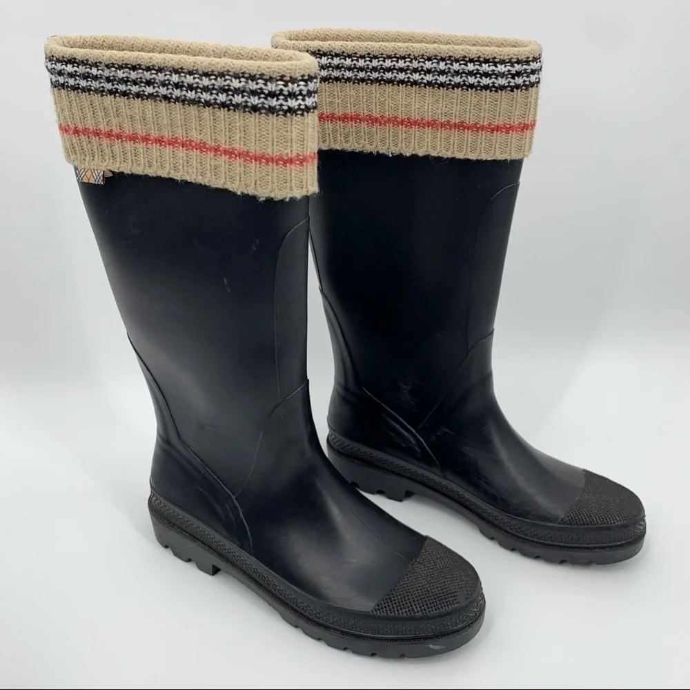 BURBERRY LONDON CLASSIC CHECK PLAID LOGO BLACK RUBBER TALL KNIT RAIN BOOTS